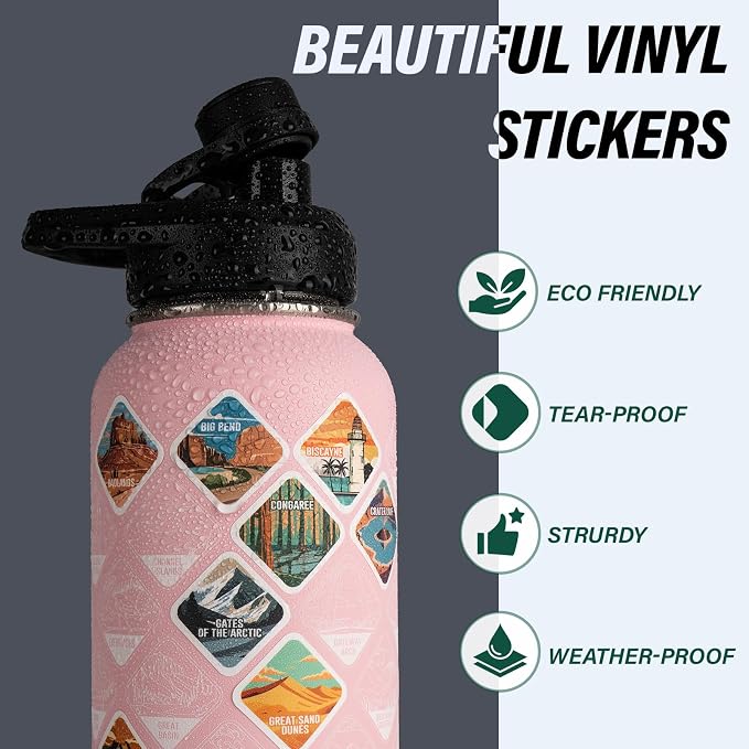 DYSANKY National Parks Water Bottle – 32 oz Insulated Stainless Steel Bottle with 63 Hand-Drawn Park Stickers, Carrier Bag, Strap & Gift Box – BPA-Free – Ideal for Hiking, Camping & Travel