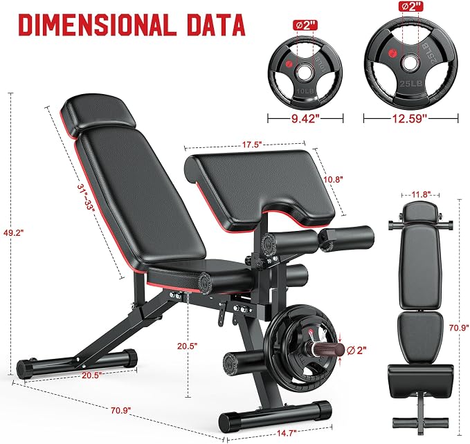 XDDIAS Workout Bench, Adjustable Weight Bench with Leg Extension and Leg Curl, Extended Headrest, 900LBS Preacher Curl Bench Incline Decline Flat Workout Bench for Home Gym Full Body Exercise
