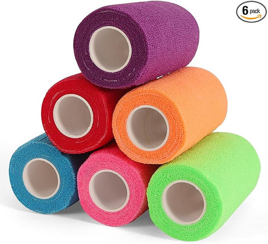 6 Rolls Elastic Self Adhesive Bandage Wrap 4 Inch, Breathable Non Woven Cohesive Bandage, Vet Wrap for Dogs, Ankle Sprains Swelling Medical First Aid Tape, Sports Athletic Tape Color