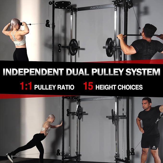 Mikolo Folding Squat Rack, Wall Mounted Power Rack with Cable Crossover Machine & LAT Pull Down, Functional Trainer with 5 Adjustable Function Modes, Home Gym Package