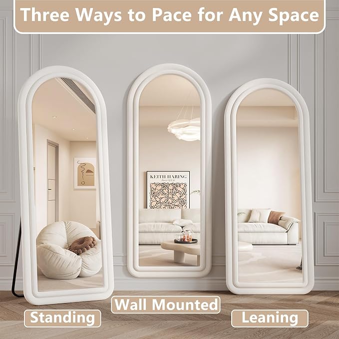 Arched Full Length Mirror 63"x24", Flannel Floor Mirror | Full Body Mirror with Stand, Flannel Mirrror Bedroom and Living Room, Wall Mirror Hanging or Leaning, White