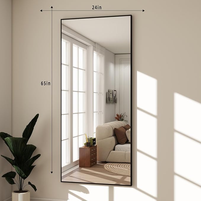BEAUTYPEAK Full Length Mirror with Stand, 65"x24" Floor Mirror | ShatterVue Tempered Full Body Mirrors with Aluminum Alloy Thin Frame, Standing or Wall-Mounted Mirrors for Living Room, Black