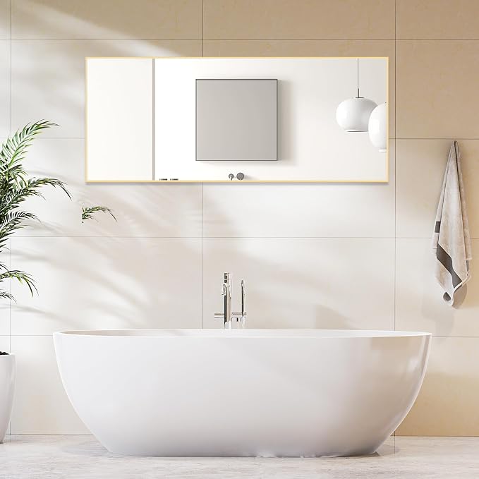 OLIXIS 64"x21.5" Full Length Mirror with Stand, Body Mirror | Shatter-Proof Glass, Hanging or Leaning for Wall, Floor Standing, Bedroom Living Room, Long, Gold