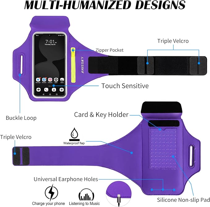 Running Armband with Earphone Pouch Fits Phones up to 6.9" | Cell Phone Armband for iPhone, Water Resistant & Breathable Sports Phone Holder & Zipper Pocket Car Key Holder for Jogging
