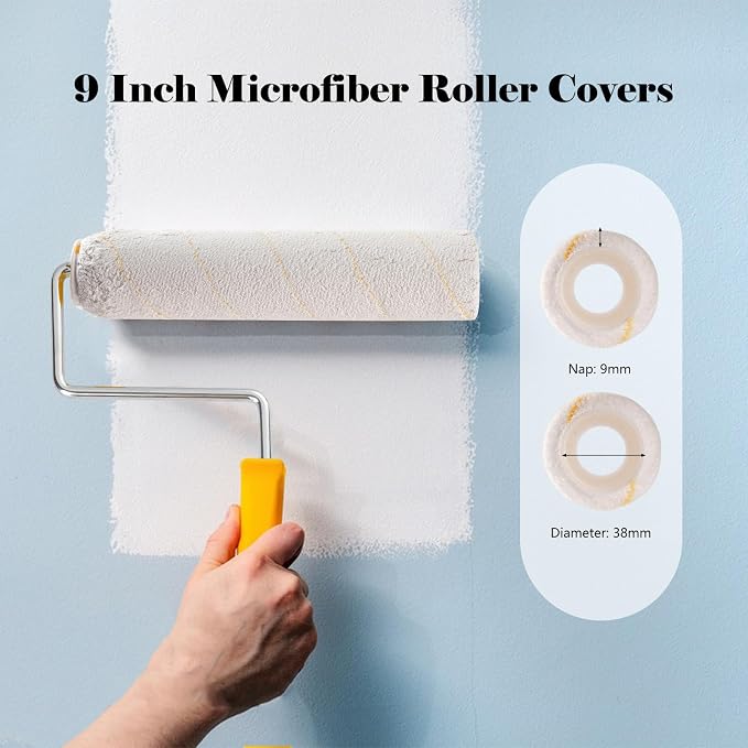 Mister Rui Paint Roller Kit, 10 Pack, 9 Inch Paint Roller Frame with Microfiber Roller Covers, Stainless Steel Extension Pole 3 Segments Total 3 Ft, Paint Supplies for Walls and Ceilings | Microfiber Paint Roller Covers, Frame, Stainless Steel Extensio...