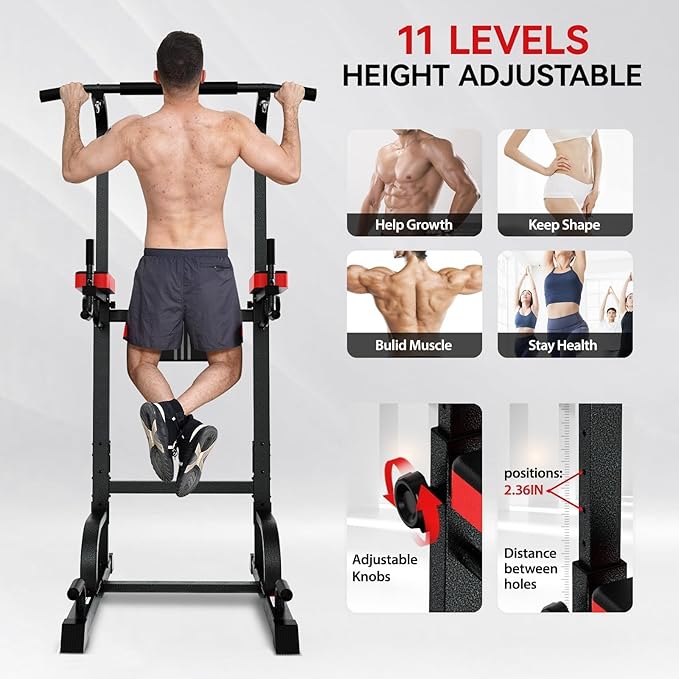 Pull Up Bar Power Tower Dip Station, 450LB Adjustable Home Gym Equipment | 11-height adjustment supports pull ups, dips, knee raises, push ups and versatile full-body strength training