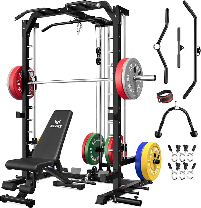 SR01 Smith Machine, 2000LBS Multi-Function Power Cage with LAT Pulldown System, All-in-One Home Gym Squat Rack with Smith Bar and Training Attachments for Full Body Workouts