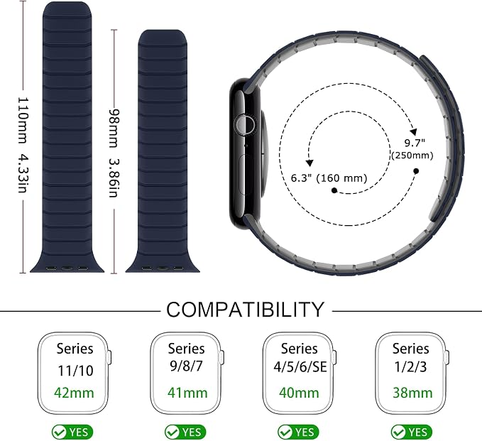 Tasikar Magnetic Bands Compatible with Apple Watch 42mm(Series 11/Series 10) 41mm 40mm 38mm Soft Silicone Replacement Loop Wristband for iWatch SE Series 11 10 9 8 7 6 5 4 3, Dark Blue-Grey