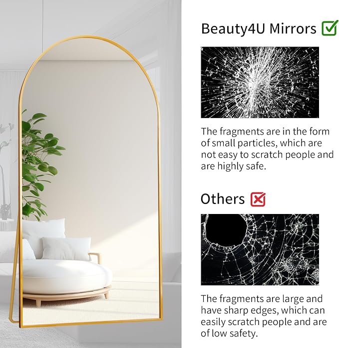 Beauty4U 76" x 34" Arched Full Length Mirror with Stand, Gold Floor Mirror | Large Standing, Leaning, or Wall-Mounted Tempered Full Body Mirror with Metal Frame for Bedroom, Closet, Modern Home Decor
