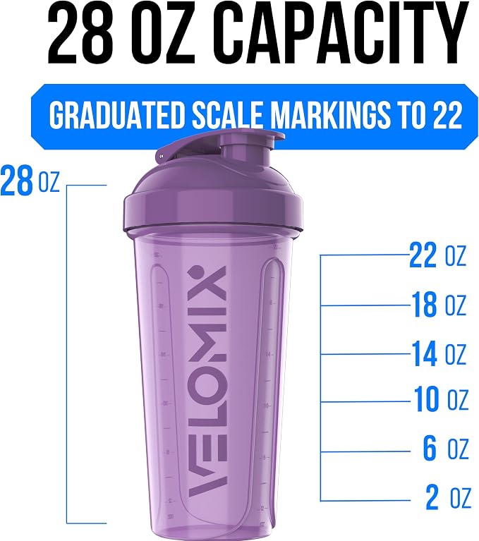 VELOMIX 2 Pack 28oz Protein Shaker Bottle for Protein Mixes, Purple/Black | 2x Wire Whisk, Leak Proof Shaker Cups for Protein Shakes, Stackable, Dishwasher safe, BPA free, Pre Workout and Fitness ready