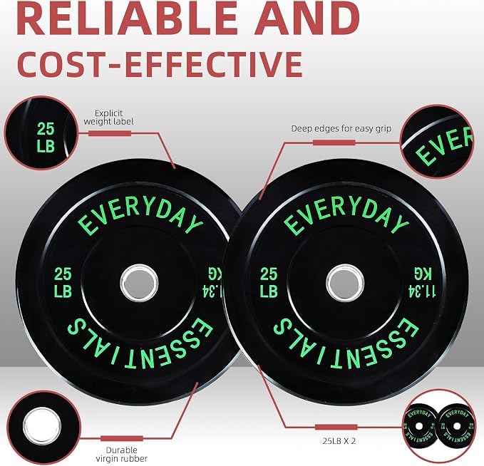 Fitvids 2-Inch Olympic Bumper Plates, Perfect Weight Plates for Weightlifting and Strength Training, Multiple Weights Available
