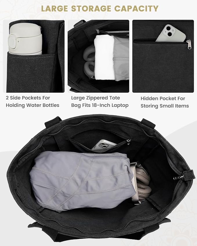 Gonex Yoga Mat Bag For Women Canvas Tote Pilates Gym Bag With Mat Carrier | Front-Opening Quick Access Mat Straps, Durable Cotton Canvas, Machine Washable, Bottle Holder Multi Pockets, Yoga Gym Travel
