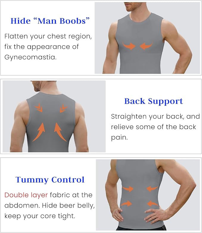 Compression Shirt Men Slimming Body Shaper Vest Crewneck Workout Tank Top | Tummy Control Undershirts, Gynecomastia Compression Shirts, Back Support, Sleeveless Muscle Shirts, Shaping Tank Top