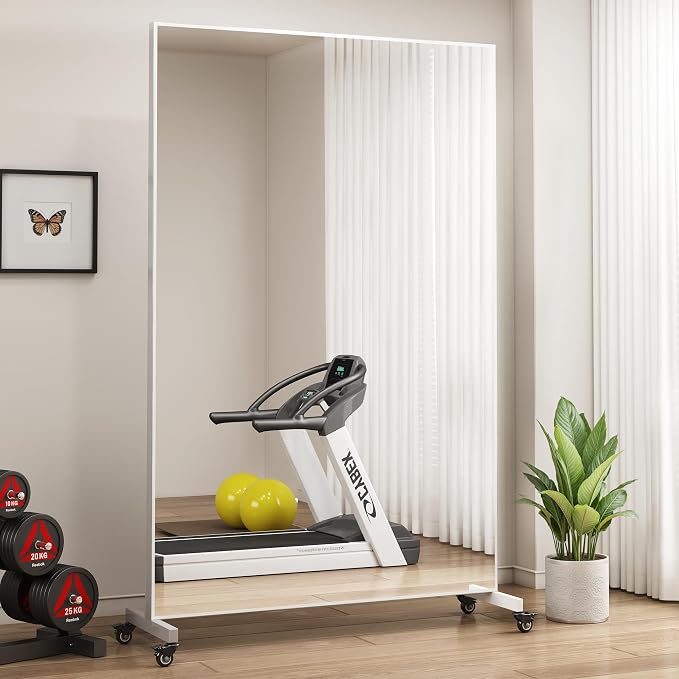 Suidia 72"x40" Extra Large Full Length Mirror on Wheels, 360° Swivel Rolling Mirror Floor, HD Tempered Glass Full Body Standing Mirrors for Home Gym, Yoga, Dance Studio, Bedroom, Rectangular, White