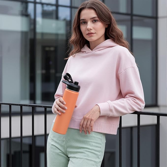 Fijinhom Insulated Water Bottle with Handle, 304 Stainless Steel Water Bottles with Wide Mouth, Double Wall Vacuum Sports Water Bottle, BPA Free, Keep Cold and Hot, 24 Ounces, Coral