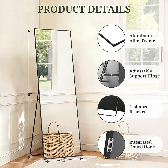 Mirror Full Length 56"x15", Rectangle Full Body Floor Mirrors with Stand | Shatterproof Glass, Aluminum Alloy Frame, Free Standing, Wall Mounted or Leaning for Bedroom Living Room Entryway