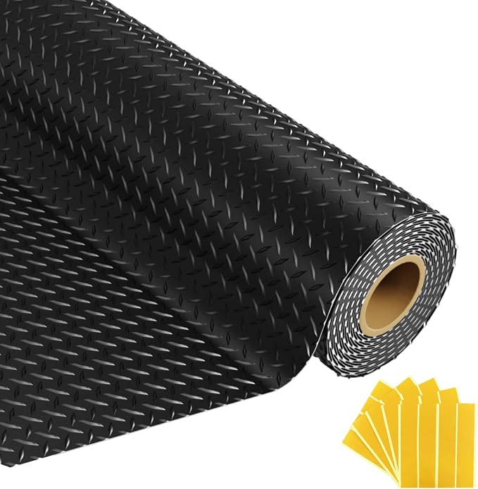 8x20 FT Garage Floor Mat, 2.8mm Thickened Flooring Roll for Under Car Diamond Plate PVC Rubber Mat with 20 Pcs Tapes, Non-Slip Floor Mat for Garage, Warehouse, Gyms, Trailer, Black