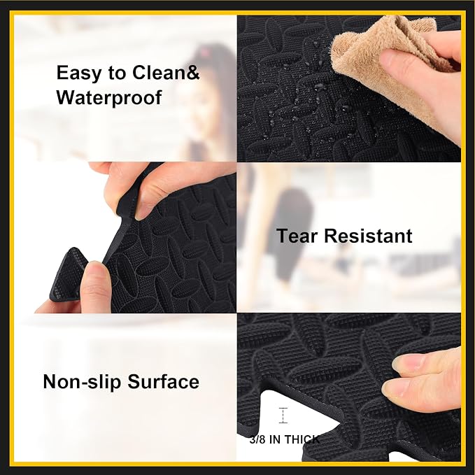 Ecally 100 Pcs 12 x 12 Gym Mat Foam Floor Mats for Home Gym Covers 96 Sq Ft Puzzle Exercise Square Interlocking Carpet Tiles with Border for Workouts Equipment Yoga Pilates (Black)