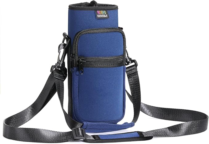Nuovoware Water Bottle Carrier Bag, 40oz Neoprene Bottle Pouch Holder with Adjustable Shoulder and Hand Strap, 2 Pocket Sling Sleeve for Hiking Travelling Camping Jogging Cycling, Indigo Dark