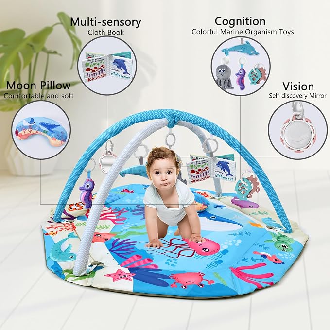 Baby Gym Play Mat, 8-in-1 Tummy Time Mat with Detachable Sensory Toys | Washable Activity Gym, Foldable Ball Pit for Floor Play, for Infant & Newborn 0-6-12 Months, High Contrast Black White