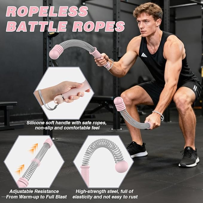 Ropeless Battle Ropes for Home Gym, Portable Cordless with Storage Bag & 8 Adjustable Weight Rings, Heavy Duty Fitness Rope for HIIT, Strength, High Calorie Burn & Low-Impact Cardio for Men & Women