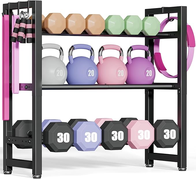 3-Tier Adjustable Dumbbell Rack, Heavy-Duty Weight Rack for Home Gym, Space-Saving Weight Storage Rack for Dumbbells, Kettlebells, Barbells & Plates (Rack Only)