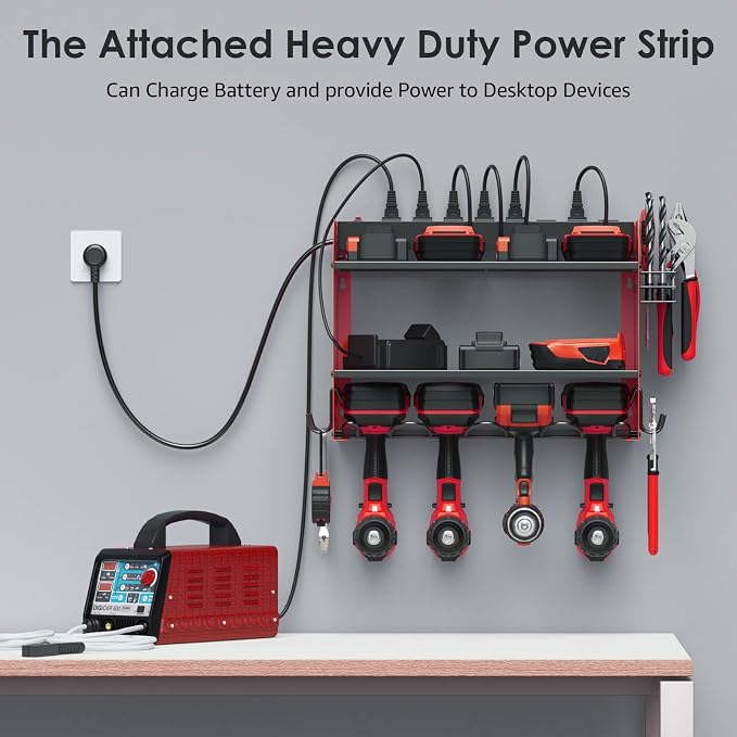 CCCEI Wall Mount Modular Tool Charging Organizer, Red, 1 Pack, 3 Tier. | Drill Battery Storage Rack with Hooks, Garage Workshop, Gifts for Men, Dad, Husband Anniversary, Birthday, Christmas