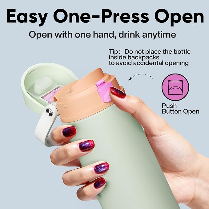 Insulated Water Bottle with Straw - Encool Stainless Steel Water Bottle with Push Button Lid, Leak-Proof & BPA-Free, Keeps Cold for 24 Hours for Sports, Travel, Gym (18 oz, Geyser Green)