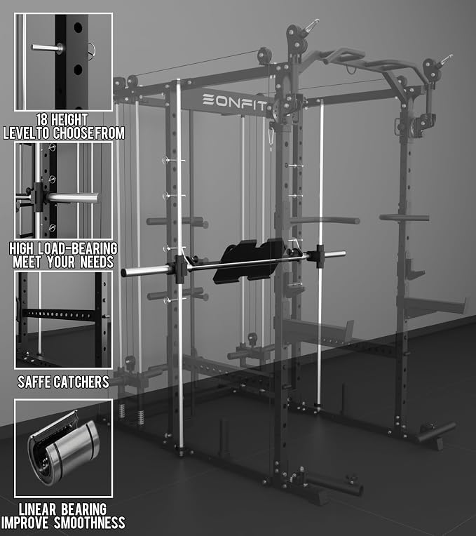 Eonfit E5 Smith Machine with Leg Press for Home Gym | Functional Trainer Power Rack Power Cage With Pivot Arms Lat Cable Crossover Pulley System All In One For Garage Apartment