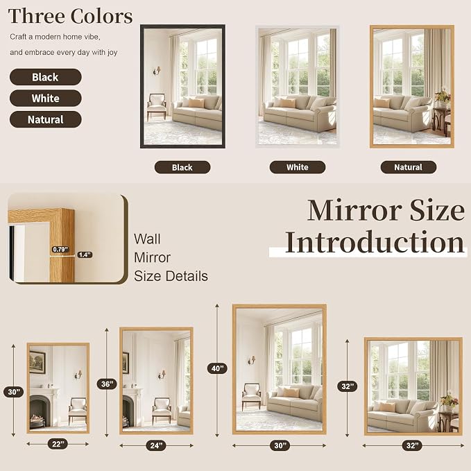 Syndra Natural Wood Frame Bathroom Mirror, 22x30'' Modern Vanity Mirror for Wall, Waterproof Slim Deep Frame, Rectangular HD Tempered Glass Mirror for Living Room, Bedroom, Entryway, Rustic, Farmhouse