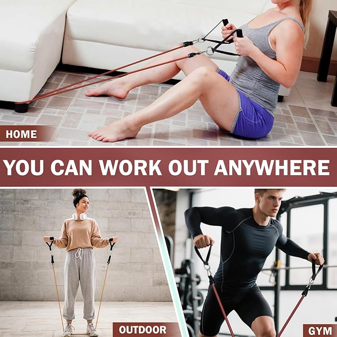 WHATAFIT Resistance Bands with Handles, 5-Level Exercise Bands for Workout | Natural latex,10-50 lbs, stackable to 150,Ankle Straps, Door Anchor,Guide. For Strength, Yoga,Home Gym,Travel & Workout.
