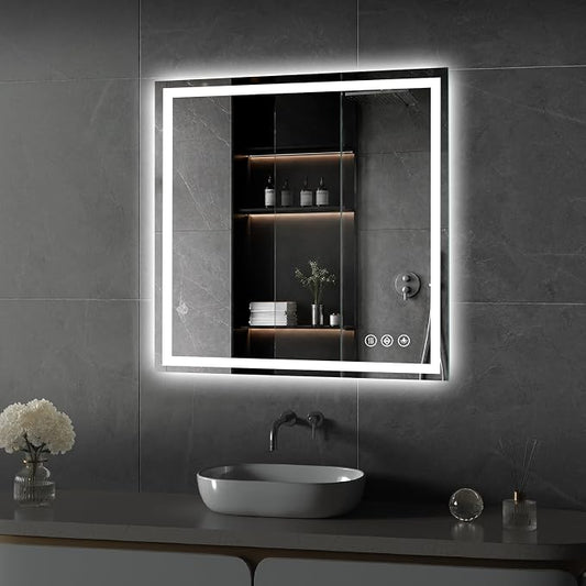 Koonmi 28x28 LED Bathroom Mirror with Light, Anti-Fog, 3 Colors | Backlit + Front Lit, Dimmable Brightness, Shatterproof HD Distortion-Free Tempered Glass, Hardware Included