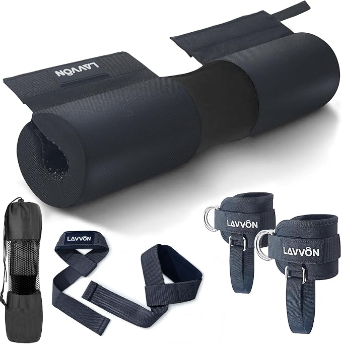 Barbell Squat Pad Set- Nylon Padding AntiSlip- Thick Foam Hip Thrusts Pads | Bench Press/Lunges/Bar Squats Padding Cushion -Standard Olympic Weight Bar Pad(Wrist Straps Weightlifting-Ankle Straps)