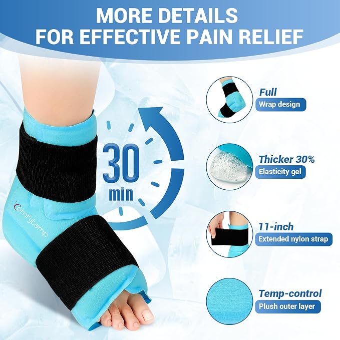 Comfytemp Ankle Foot Ice Pack Wrap for Plantar Fasciitis Relief, Reusable | Gel Ice Pack Injury, FSA Eligible HSA, Hot Cold Therapy Brace for Pain Relief, Sprain, Heel, Achilles Tendonitis, 1pc, Blue