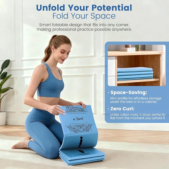 Foldable Yoga Mat and Blocks Set for Women with 2 Pack Yoga Blocks and Strap,Thin Non Slip Pilates Mat with Bag, Home Workout Equipment Essentials Starter Kit for Beginners Full Body Toning