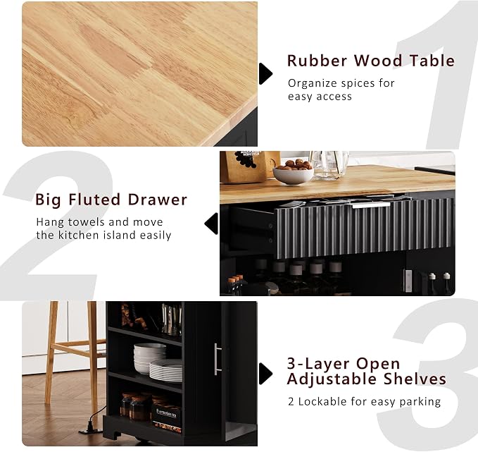 Merax Fluted Kitchen Island with Trash Can Storage Cabinet, Power Outlet, Internal Storage Rack, Rolling Kitchen Storage Cart on 5 Wheels with 3 Drawer, 3 Open Side Racks, Black