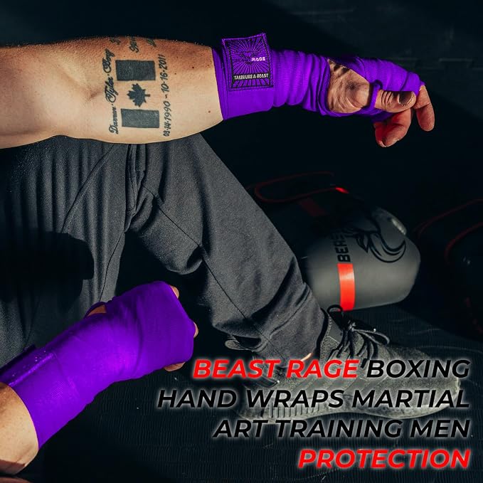 BEAST RAGE Boxing Hand Wraps for MMA Kickboxing Wrist Wraps Professional Adult 180" Semi-Elastic Martial Arts Inner Gloves Heavy Bag Handwraps Muay Thai Thumb Straps