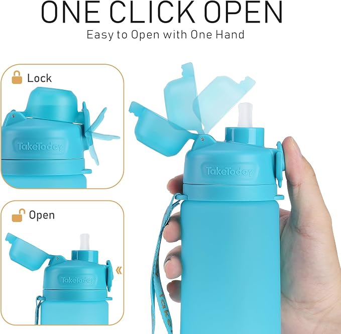 TakeToday Collapsible Water Bottles 21oz (600mL), Foldable Platinum Silicone Travel Water Bottle with Straw & Carry Strap, Leak-Resistant Screw Lid, Wide Mouth, BPA-Free for Hiking, Camping, Travel