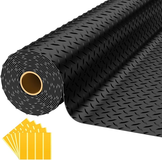8x25 FT Garage Floor Mat, 2.8mm Thickened Diamond Plate | PVC Flooring Roll for Under Car/Garage/Warehouse/Basement/Gyms/Trailer, 200 SQFT Garage Mat, Tapes Included, Black