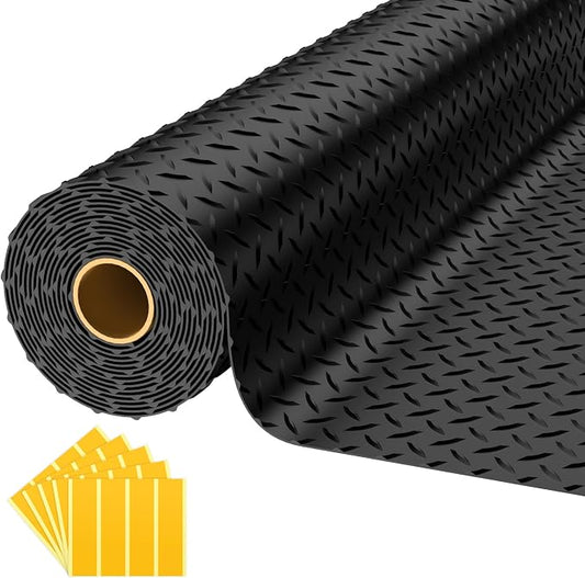 8x25 FT Garage Floor Mat, 2.8mm Thickened Diamond Plate | PVC Flooring Roll for Under Car/Garage/Warehouse/Basement/Gyms/Trailer, 200 SQFT Garage Mat, Tapes Included, Black