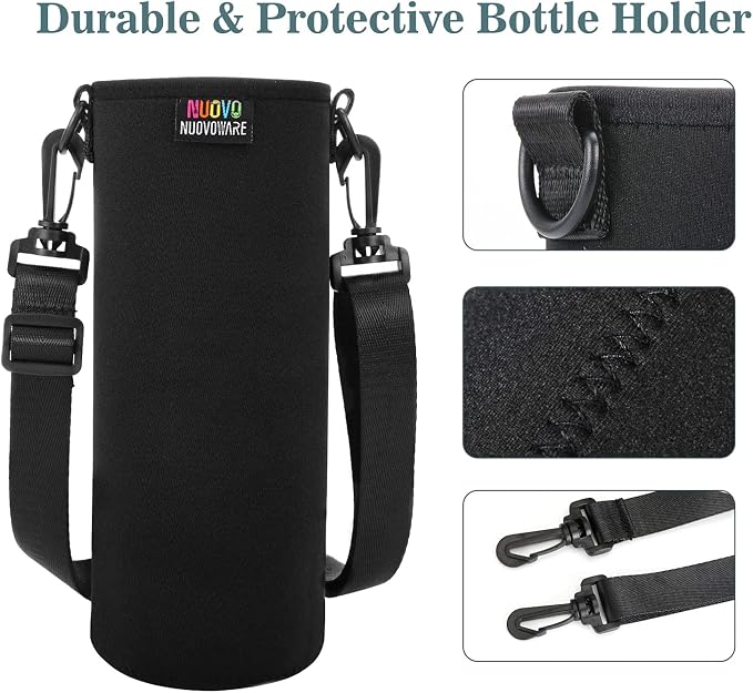 Nuovoware Water Bottle Carrier, 750ML, Black | Portable Insulated Neoprene Sleeve, Adjustable Shoulder Strap, Fit Stainless Steel, Plastic Bottles, Small Size