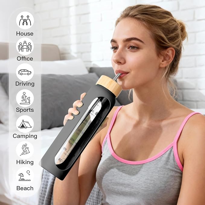 32oz Glass Water Bottle with Time Marker, 2 Lids-Handle Spout Lid & Bamboo Straw Lid, 1 Liter Motivational Borosilicate Water Bottle for Gym, Office, Travel (Black)