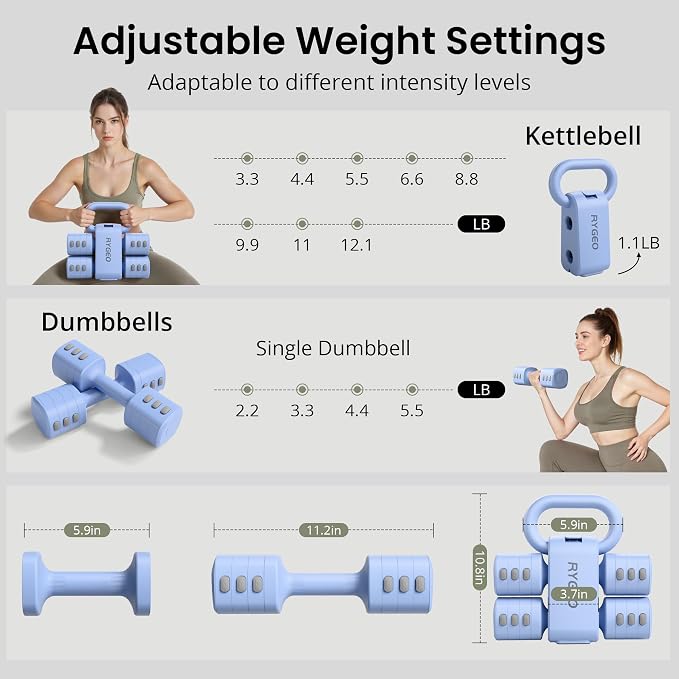 2-in-1 Adjustable Dumbbell Set for Women - 4 Levels (2.2lbs to 12.1lbs) - Home Gym Weights for Women at Home - Fitness Dumbbells