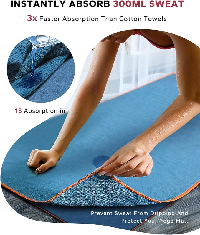 HAPBEAR Non Slip Yoga Mat Towel with Grip Dots, 72" x 24" Hot Yoga Towel - Super Absorbent Microfiber Yoga Towel for Hot Yoga, Bikram, Pilates and Gym Workout - Blue