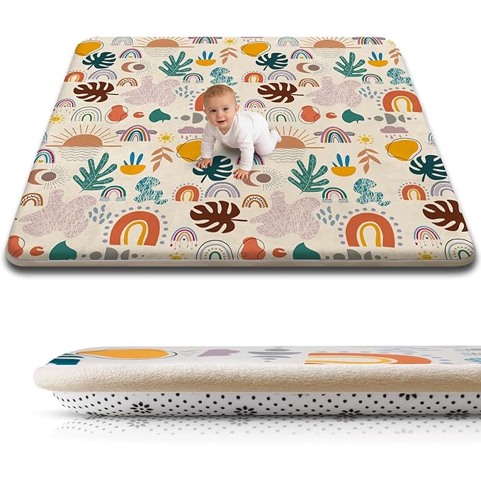 Baby Play Mat for Floor, 71'' x 59'' Thicken Foam Soft Padded Playmat for Tummy Time, Playpen Mat for Toddlers Infant Kids, Water-Repellent Coral Velvet, Non-Slip Bottom Safe for Crawling (Boho)