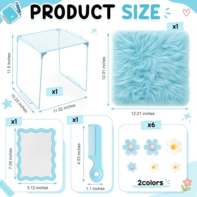 RattanView 10 Pcs Locker Decoration Kit Magnetic Acrylic Mirror Plush Rug Small Comb 6 Flower Magnet Locker Organizer for Back to School Teen Student Girl Office Work Lockers Accessories Gift(Blue)