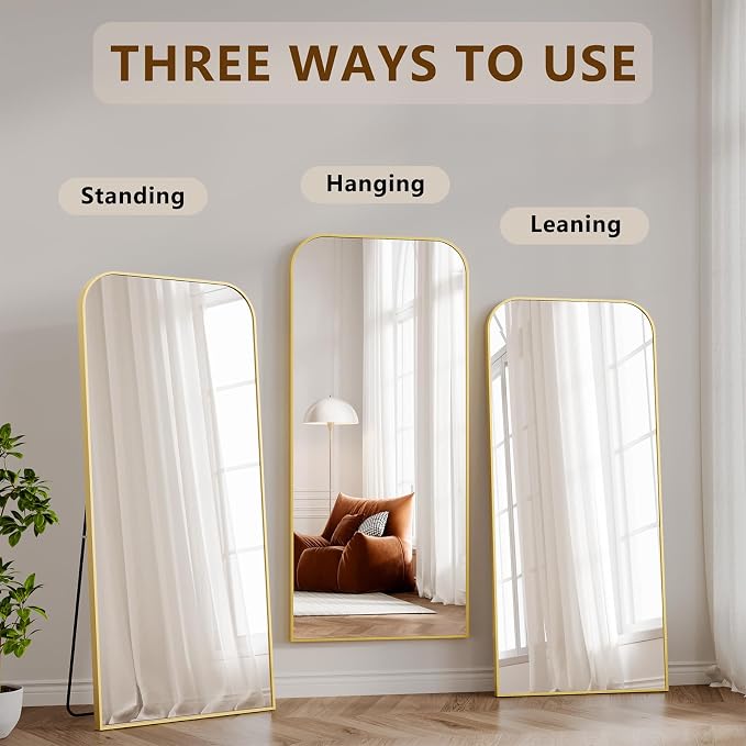 Koonmi Full Length Mirror, 65"x24" Mirror Full Length with Stand | Domed Top Square-Edged ShatterProof Floor Mirror with Gold Aluminum Alloy Frame for Bedroom Living Room Home Gym