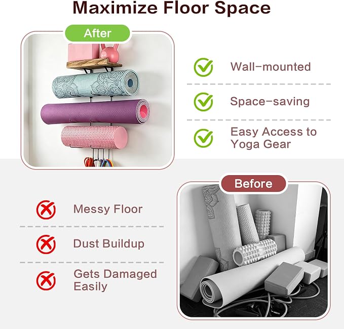 VINAEMO Yoga Mat Holder Accessories Wall Mount Organizer Storage Decor Foam Roller and Towel Storage Rack with 4 Hooks and Wooden Shelves Yoga Mats Rack Resistance Bands for Home Gym School Office