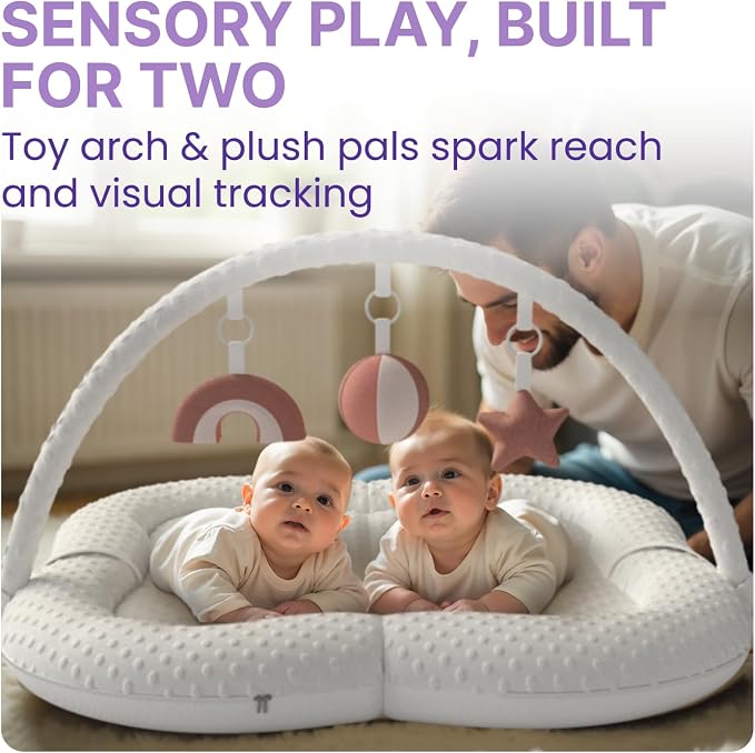 Twins Baby Play Mats for Floor Activity Gym - 5-in-1 Support Cushion Baby Play Mat Tummy Time Mat for Supervised Bonding with Arch, Plush Toys, Flashcards & Developmental Book - Grey