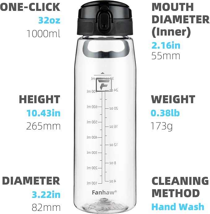 Fanhaw 32 oz Clear Plastic Water Bottle, BPA Free Leakproof Tritan Sports Water Bottle with Chug Lid, Wide Mouth Reusable Bottle for Gym, Travel, School & Office (Clear & Black)